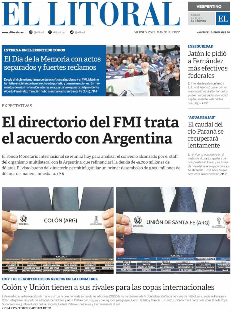 Portada de Diario El Litoral (Argentina)