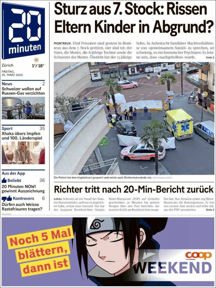 Portada de 20Minuten - Zürich (Suiza)