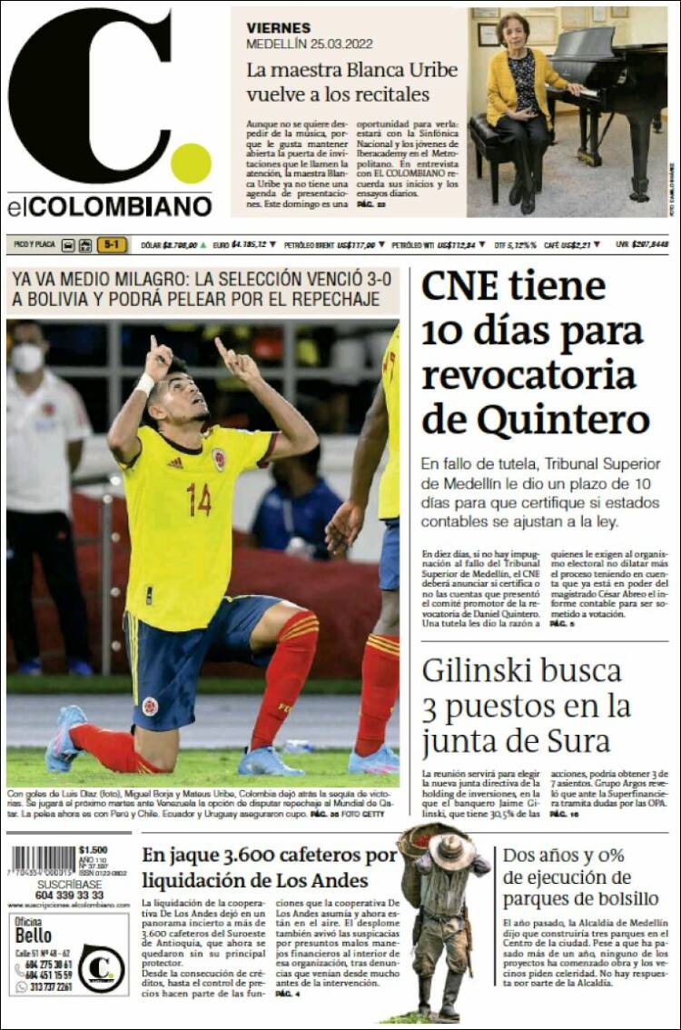 Portada de El Colombiano (Colombia)