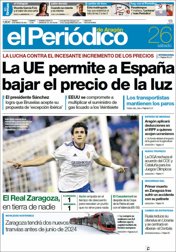 Portada de El Periódico de Aragón (España)