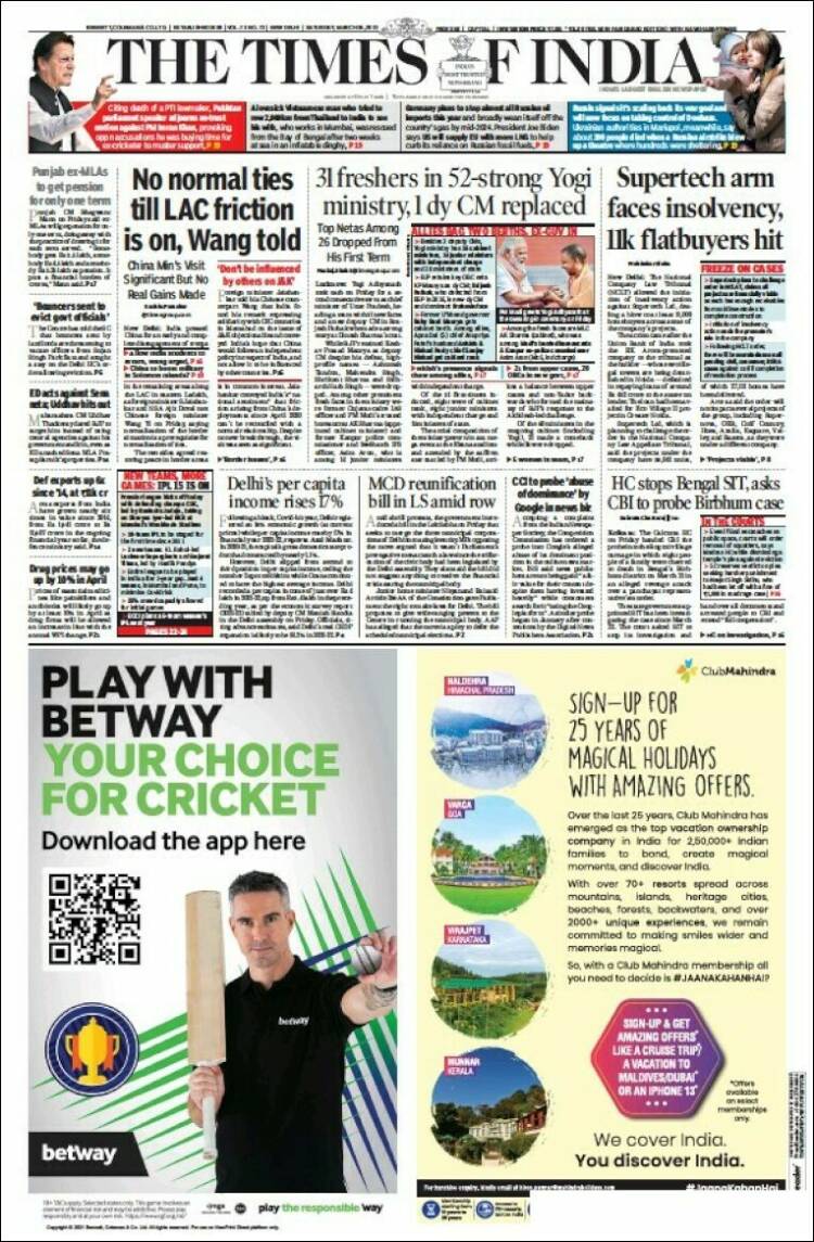 Portada de The Times of India (India)