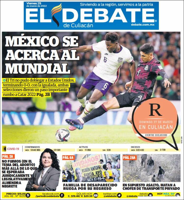 Portada de El Debate de Culiacán (M&eacute;xico)