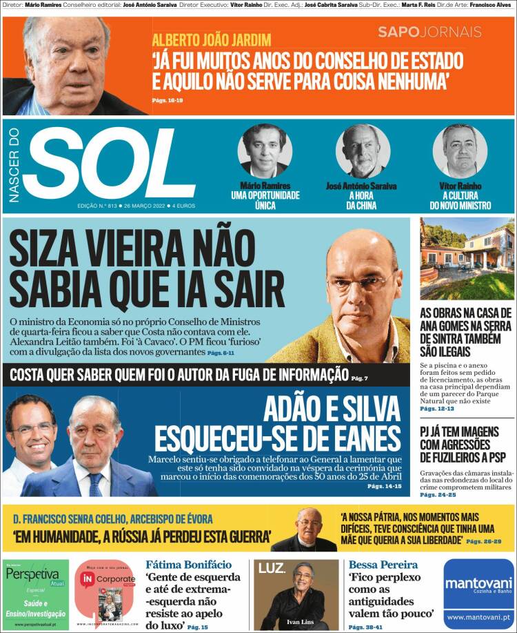 Newspaper Jornal Sol (Portugal). Newspapers in Portugal. Saturday's ...