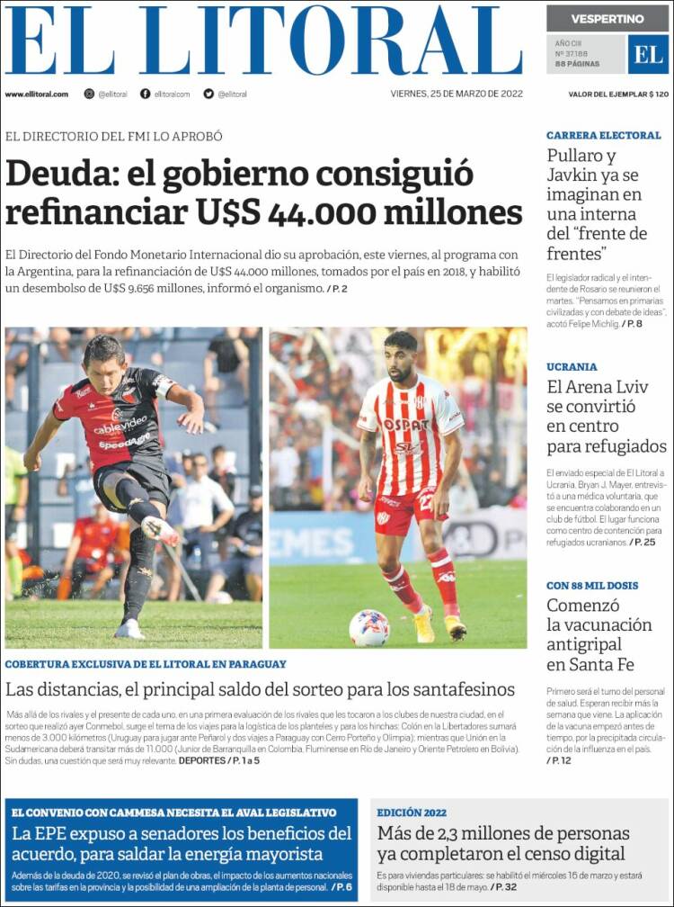 Portada de Diario El Litoral (Argentina)