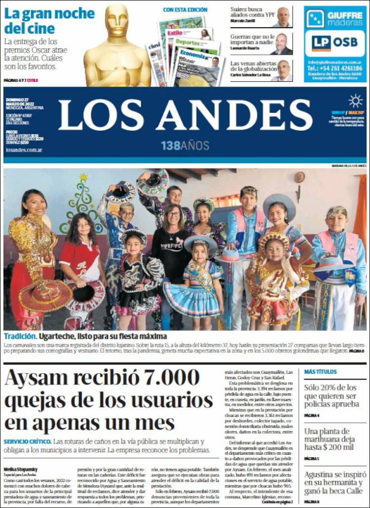 Portada de Los Andes - Mendoza (Argentina)