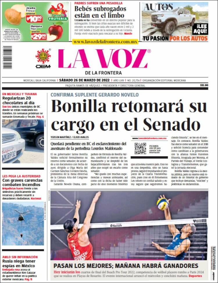 Portada de La Voz de la Frontera (México)