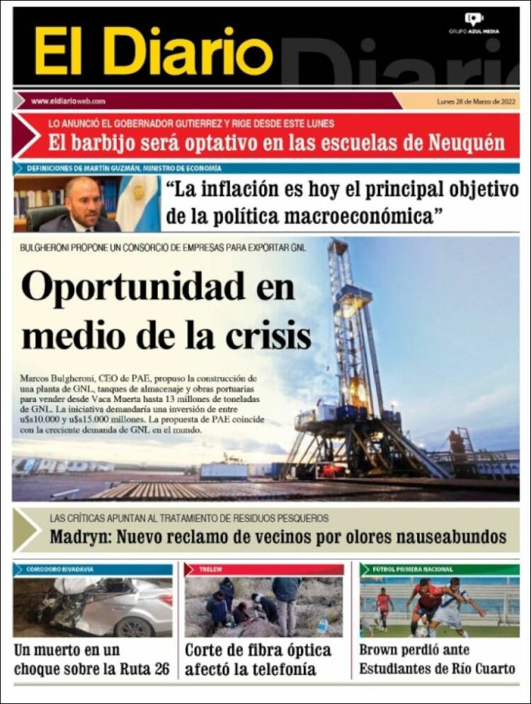Portada de El Diario de Madryn (Argentina)