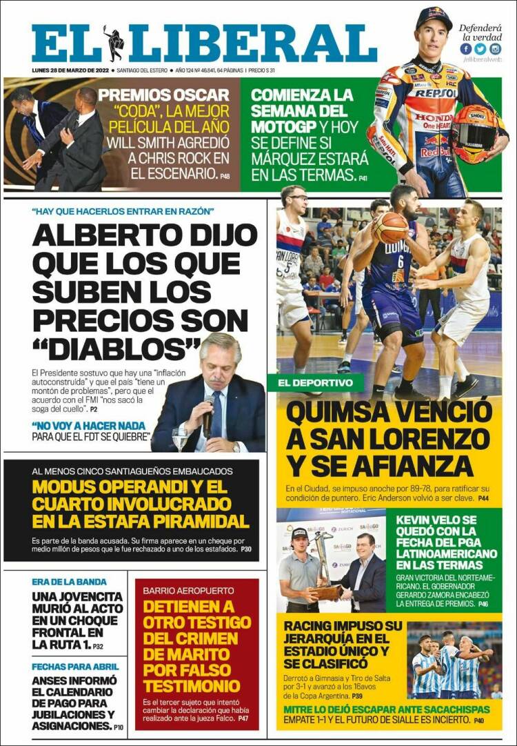 Portada de Diario El Liberal (Argentina)