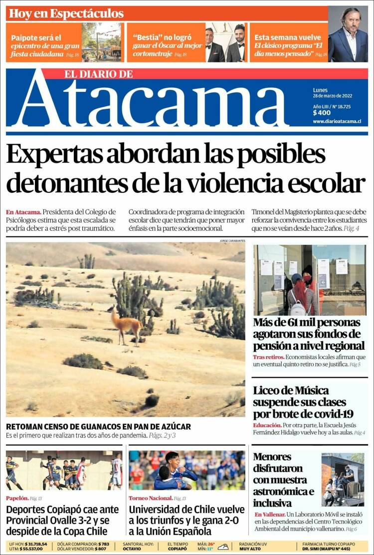 Portada de Diario de Atacama (Chile)