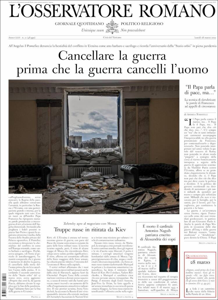 Portada de L'Osservatore Romano (Italia)