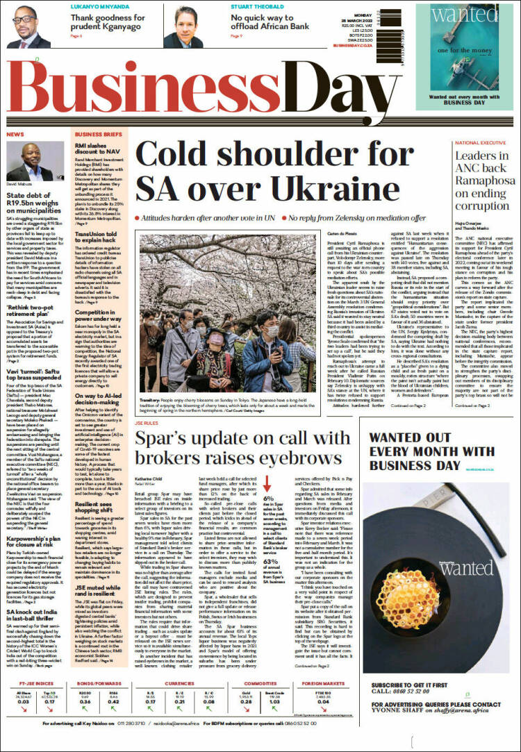 Portada de Business Day (Afrique du Sud)