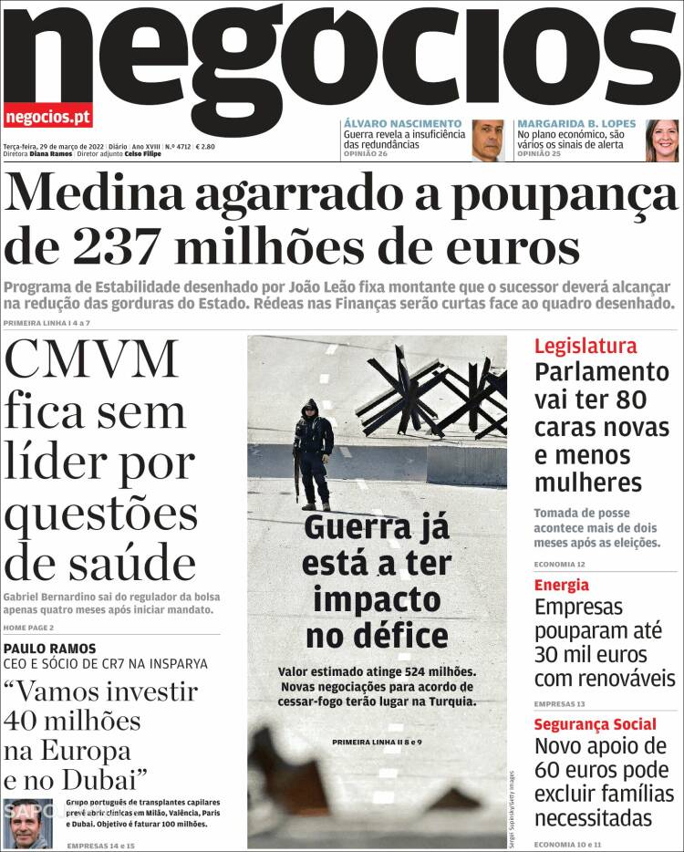 Portada de Jornal de Negócios (Portugal)