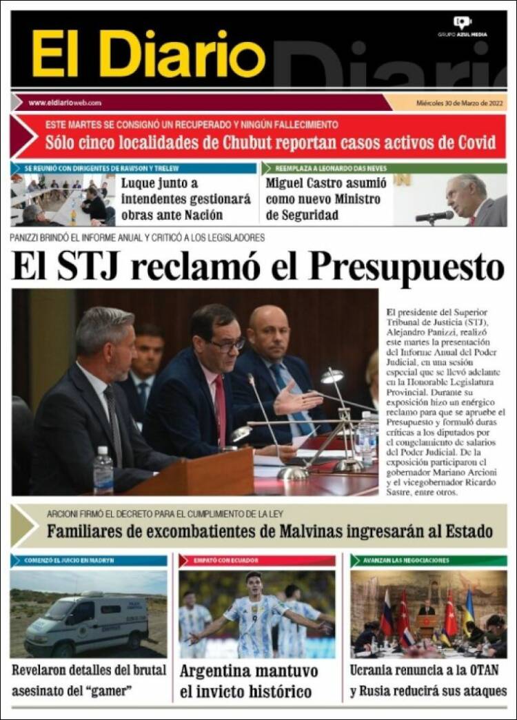 Portada de El Diario de Madryn (Argentina)