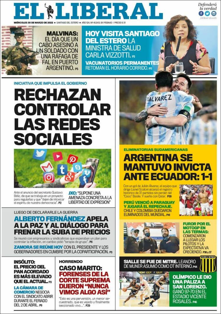 Portada de Diario El Liberal (Argentina)