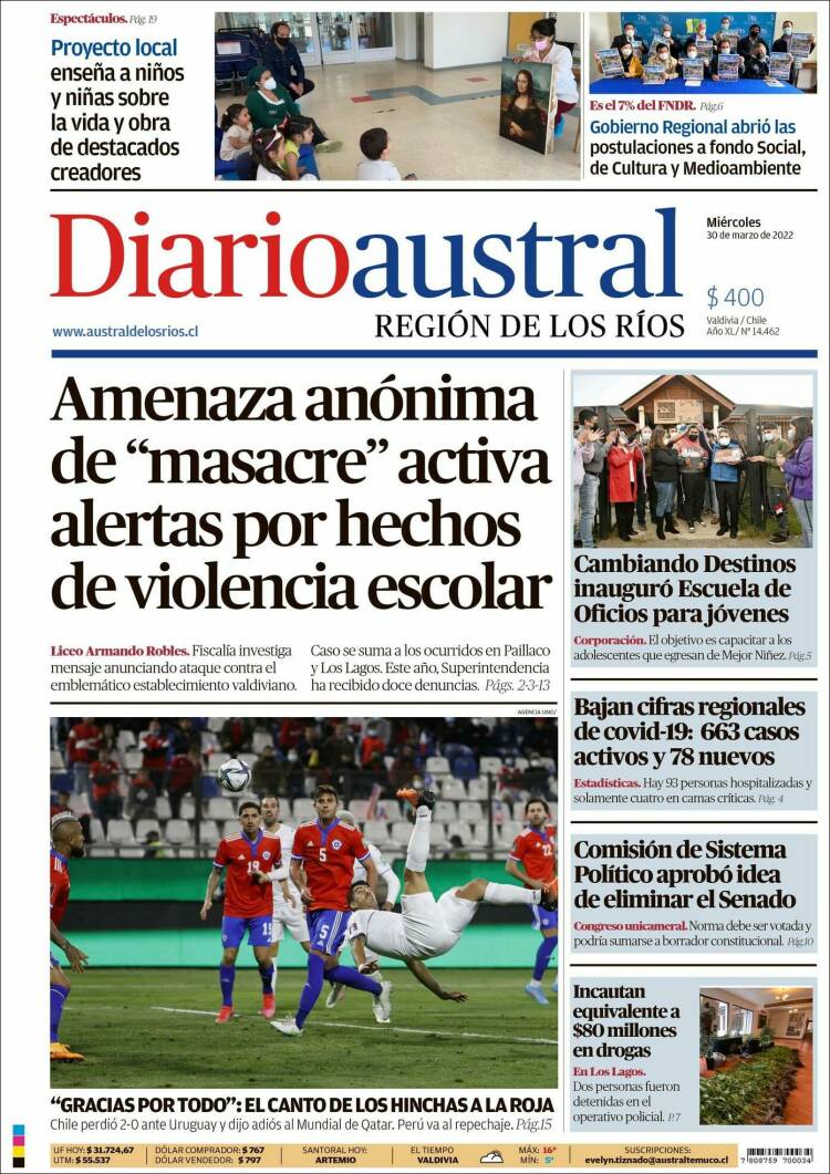 Portada de El Diario Austral de Valdivia (Chile)