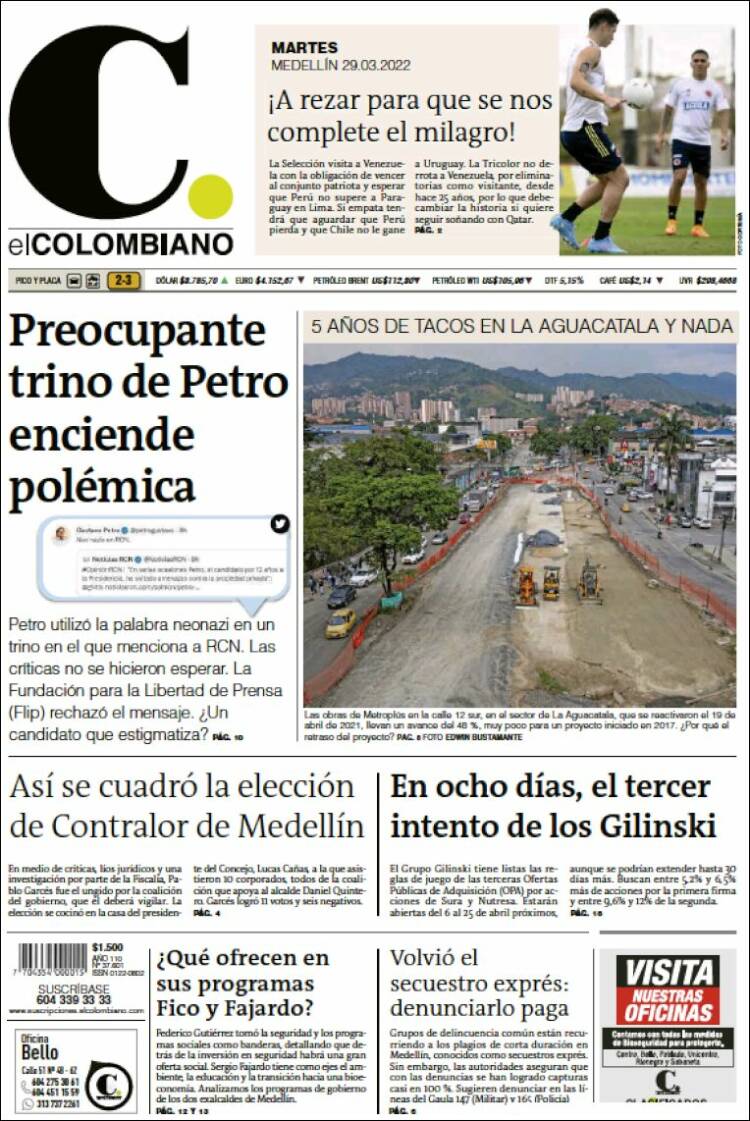 Portada de El Colombiano (Colombia)