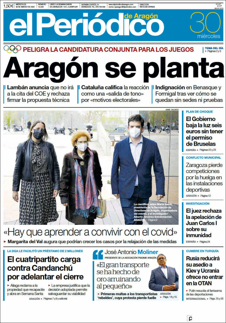 Portada de El Periódico de Aragón (España)