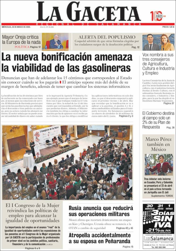 Portada de La Gaceta de Salamanca (España)