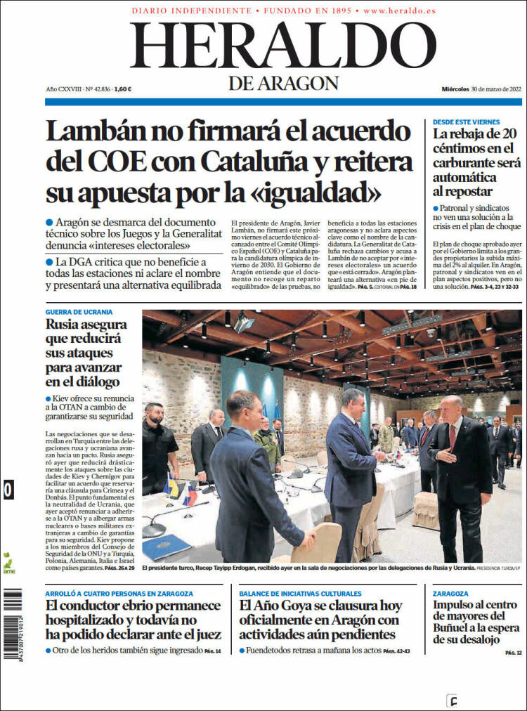 Portada de Heraldo de Aragón (España)