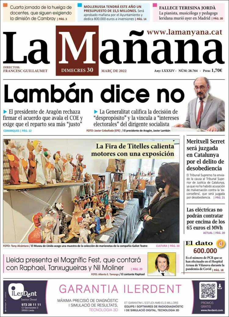 Portada de La Mañana - Diari de Ponent (España)