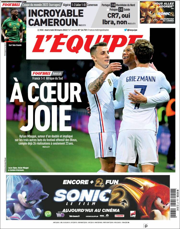 Portada de L'Equipe (Francia)