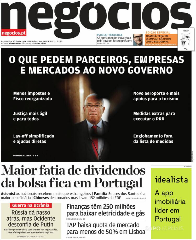 Portada de Jornal de Negócios (Portugal)