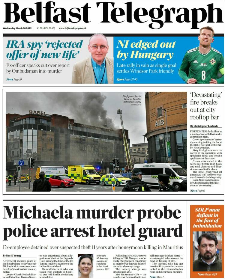 Portada de Belfast Telegraph (Reino Unido)