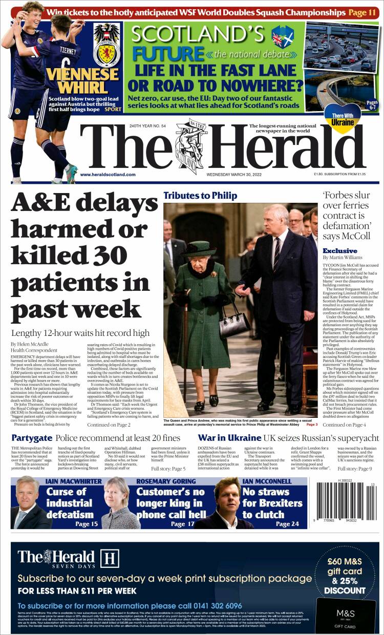 Portada de The Herald (Reino Unido)