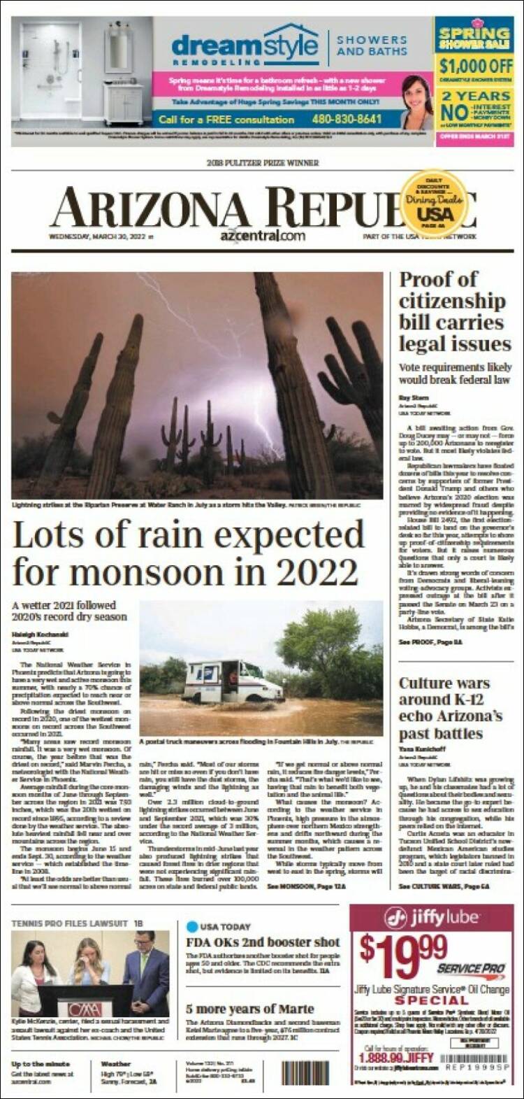 Portada de Arizona Republic News (USA)