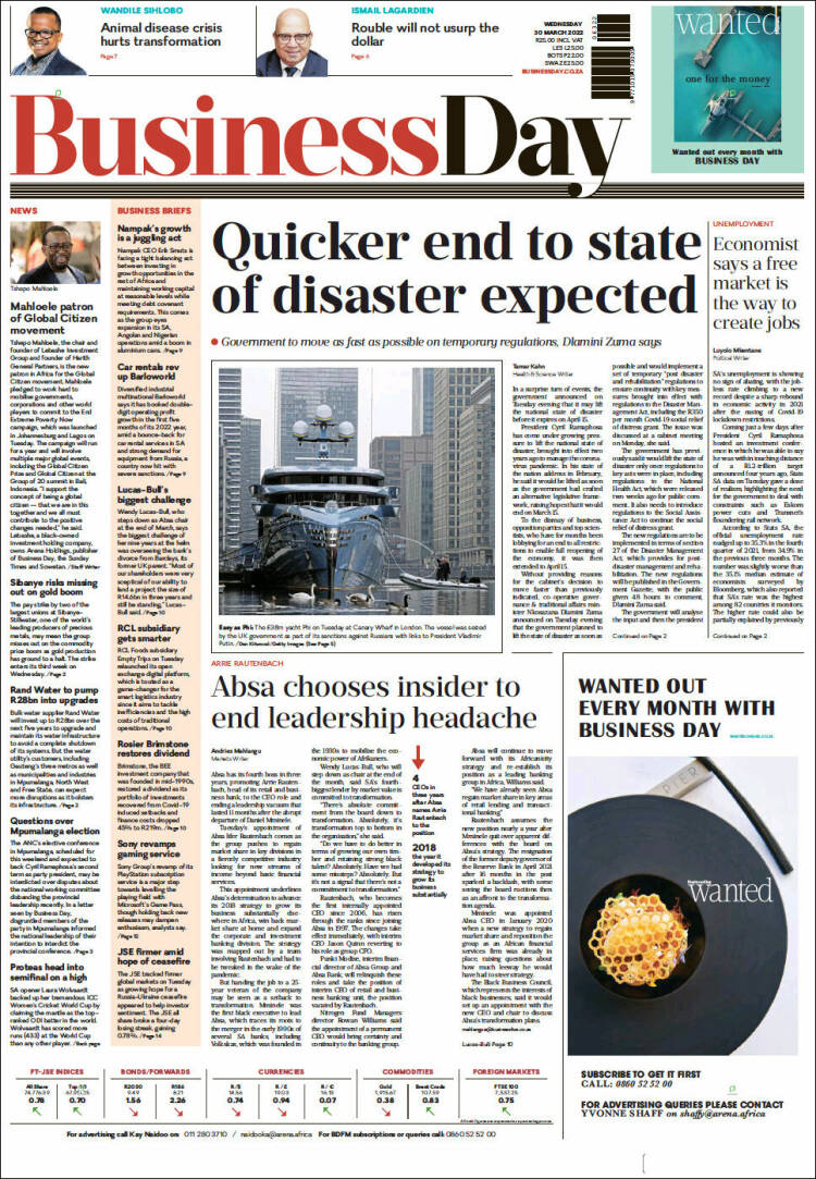 Portada de Business Day (Sud&aacute;frica)