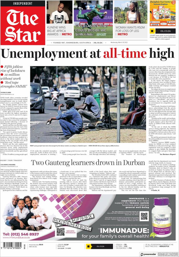 Portada de The Star (Sud&aacute;frica)