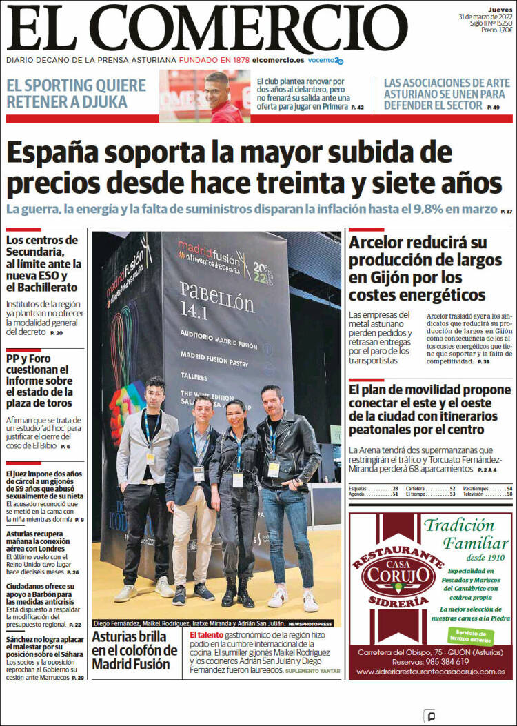 Portada de El Comercio - Gijón (España)