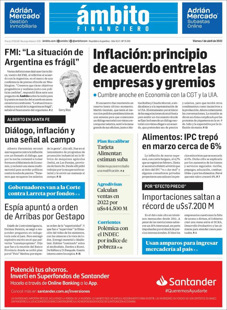 Portada de Diario Ambito Financiero (Argentina)