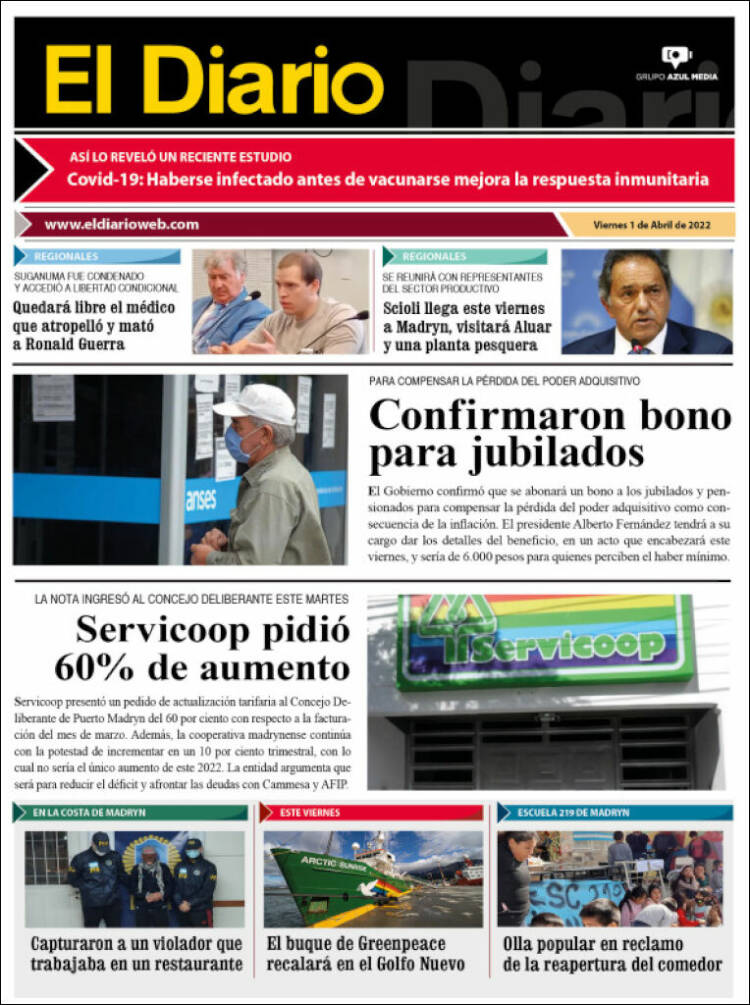 Portada de El Diario de Madryn (Argentina)