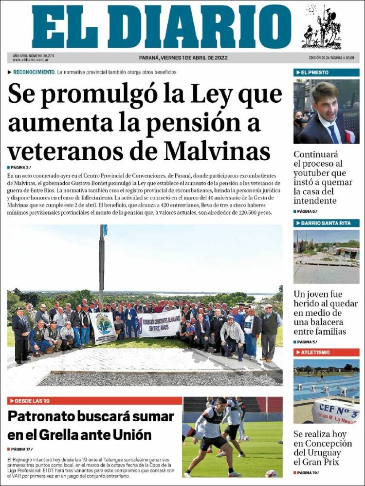 Portada de El Diario de Paraná (Argentina)