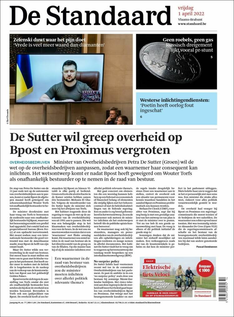 Portada de De Standaard (B&eacute;lgica)