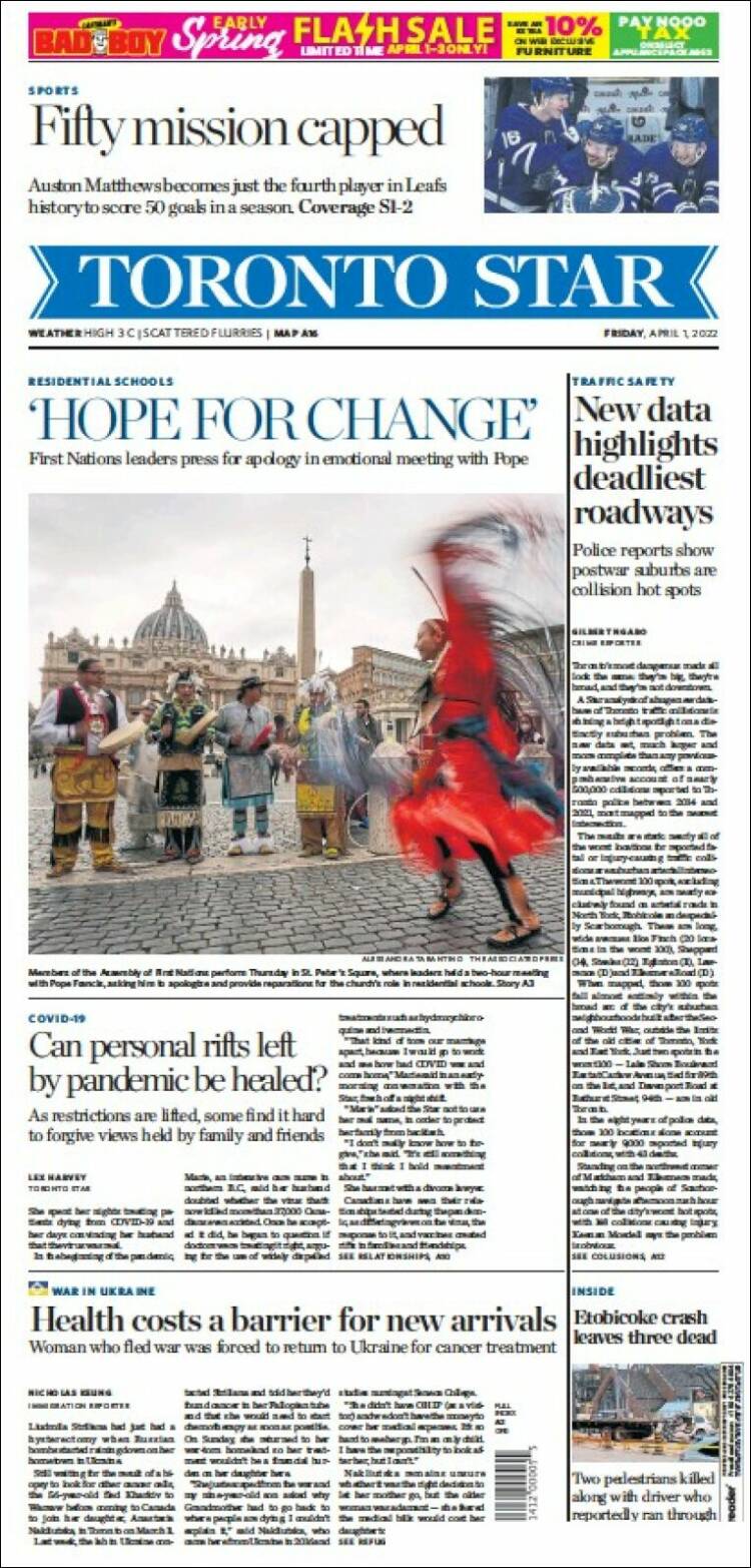 Portada de The Toronto Star (Canada)