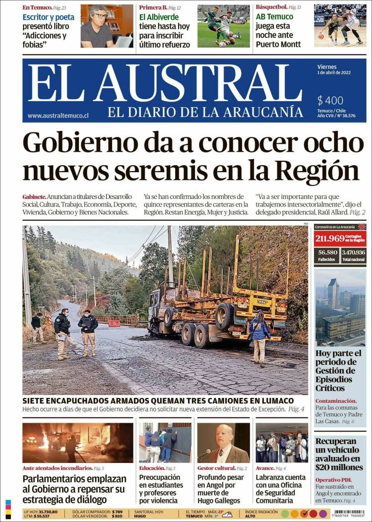 Portada de El Austral de Temuco (Chile)