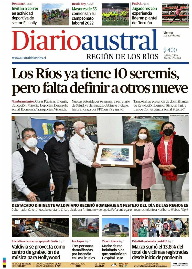 Portada de El Diario Austral de Valdivia (Chile)