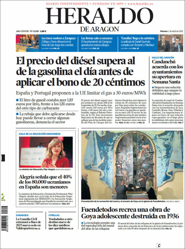 Portada de Heraldo de Aragón (España)