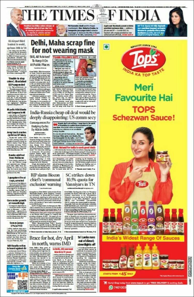 Portada de The Times of India (India)