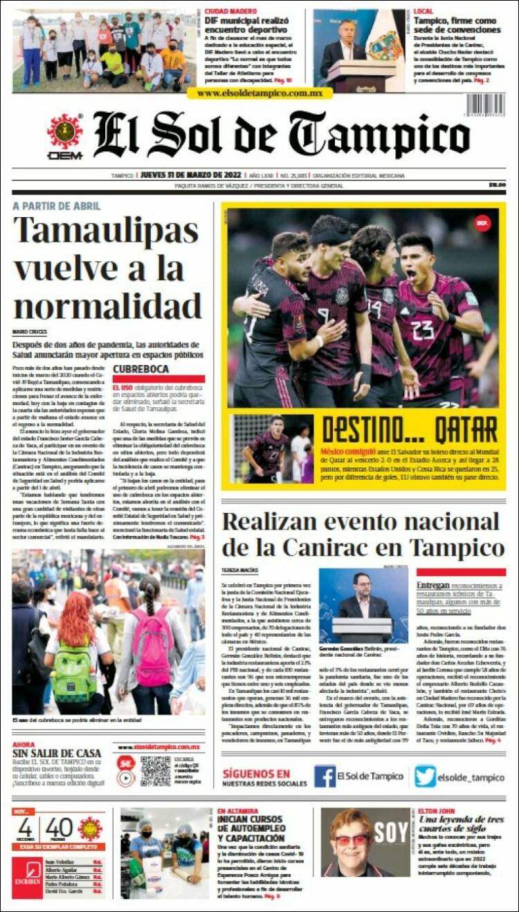 Portada de El Sol de Tampico (M&eacute;xico)