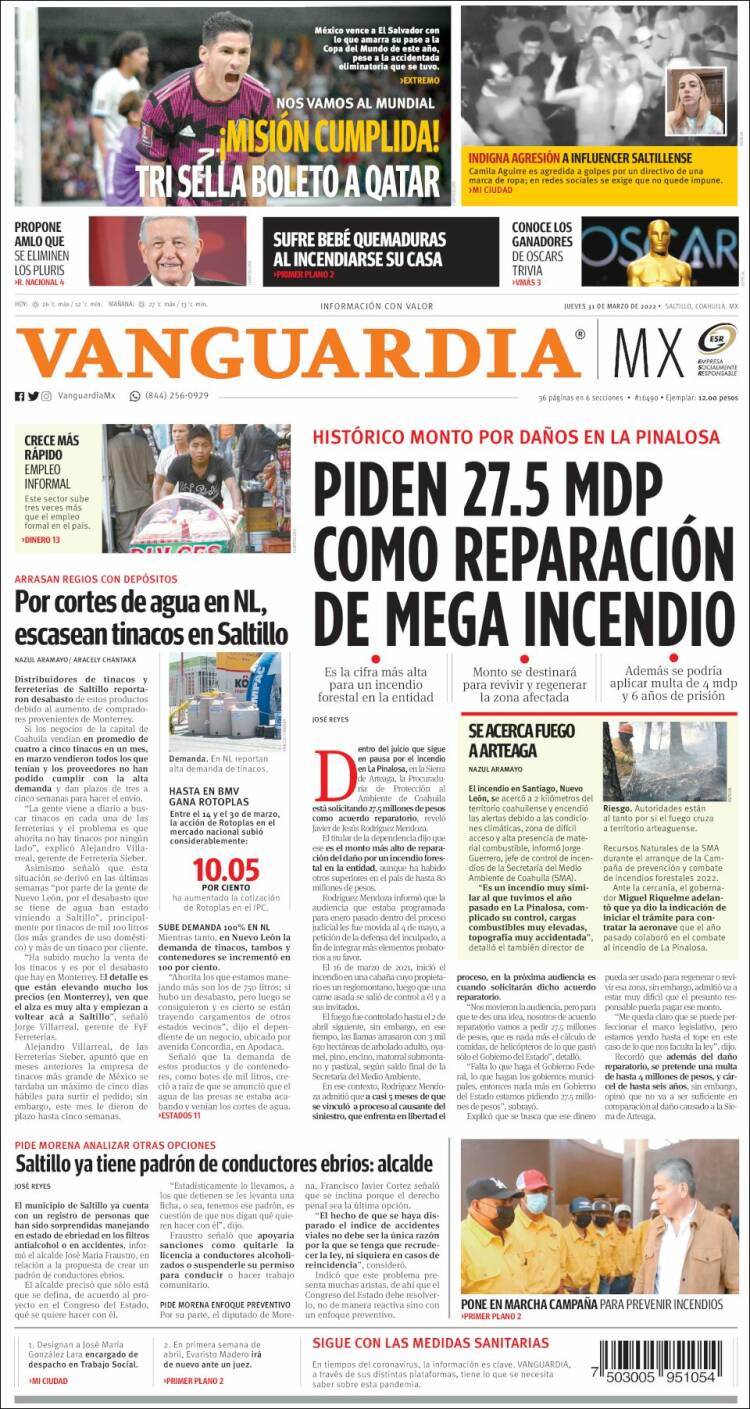 Portada de Vanguardia (M&eacute;xico)
