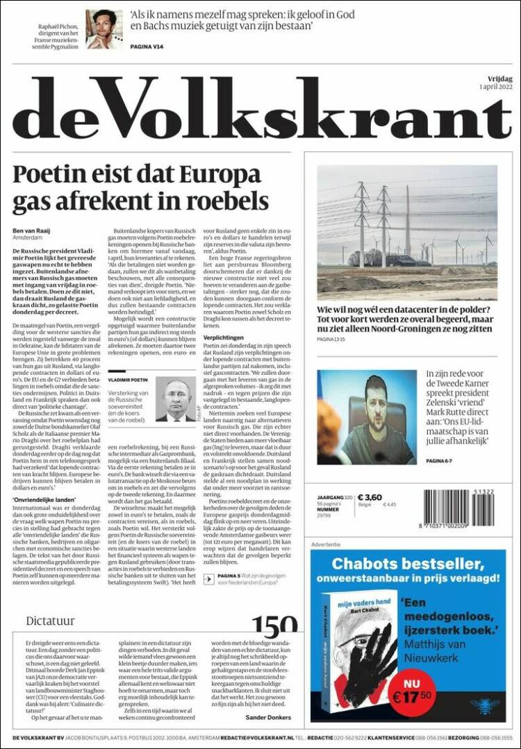 Portada de De Volkskrant (Pa&iacute;ses Bajos)
