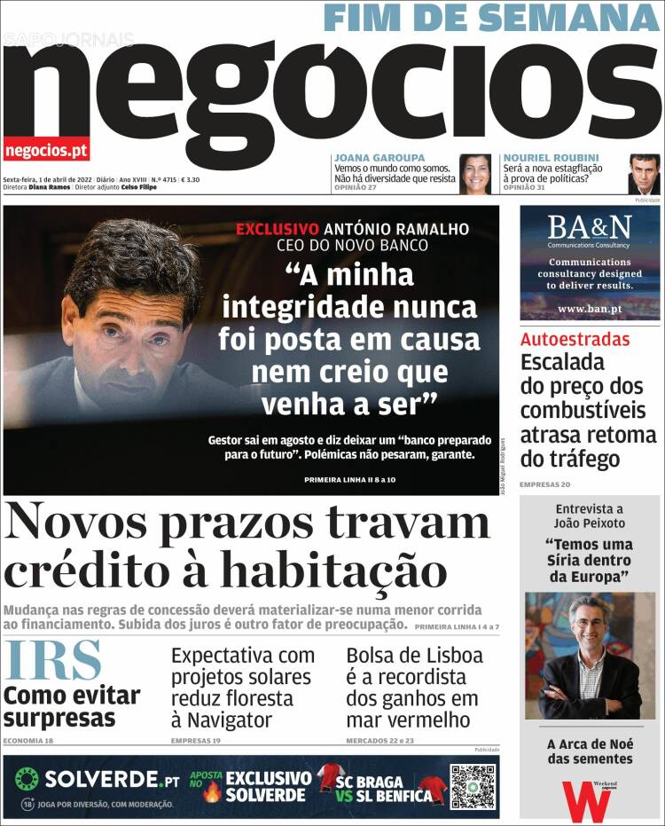 Portada de Jornal de Negócios (Portugal)