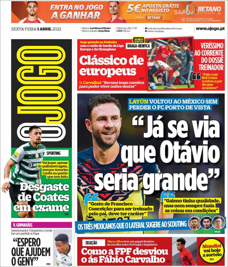 Portada de O Jogo (Portugal)