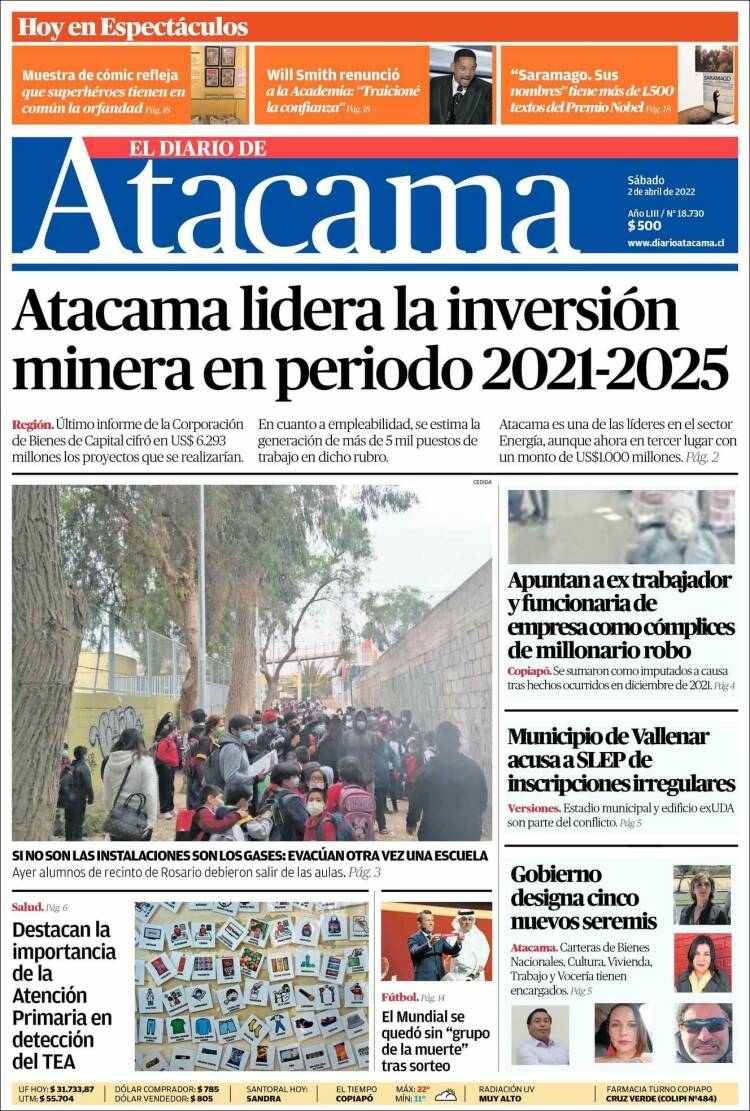 Portada de Diario de Atacama (Chile)