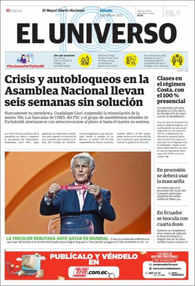Portada de El Universo - Ecuador (Ecuador)