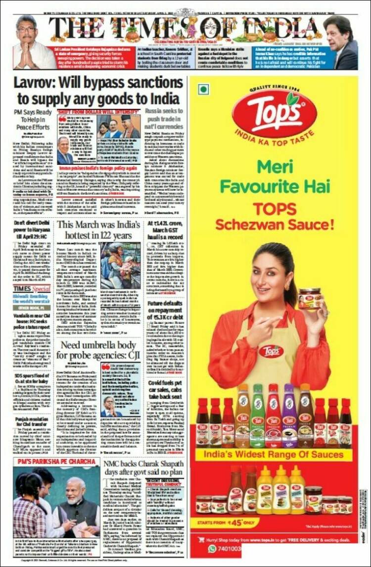 Portada de The Times of India (India)