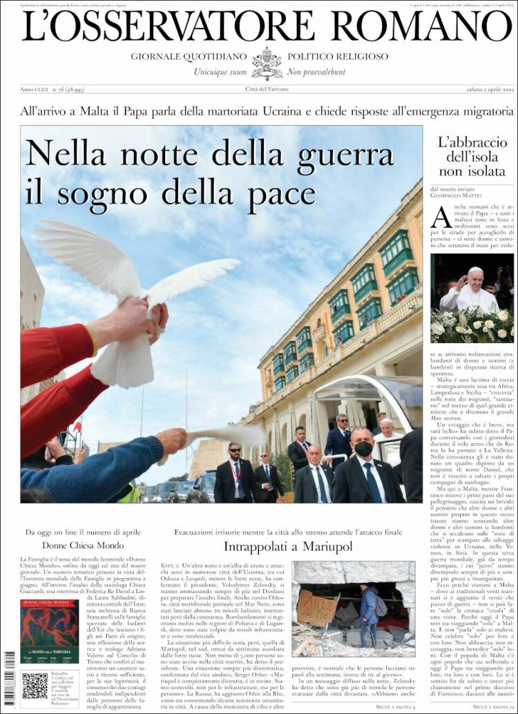 Portada de L'Osservatore Romano (Italia)
